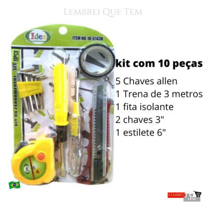 kit ferramenta – chaves 3´´ –  Fita isolante – Trena – chaves allen – Estilete 6´´ – jogo de ferramentas