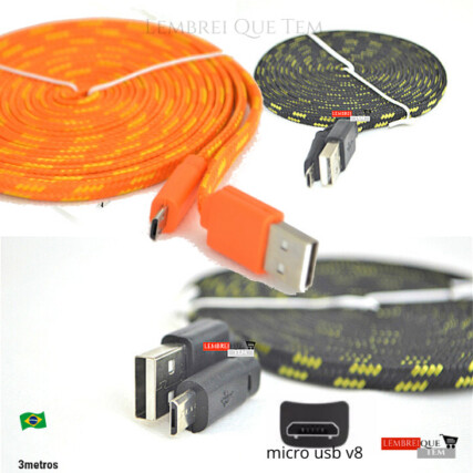 Cabo Micro USB 3 metros, V8 Para celulares