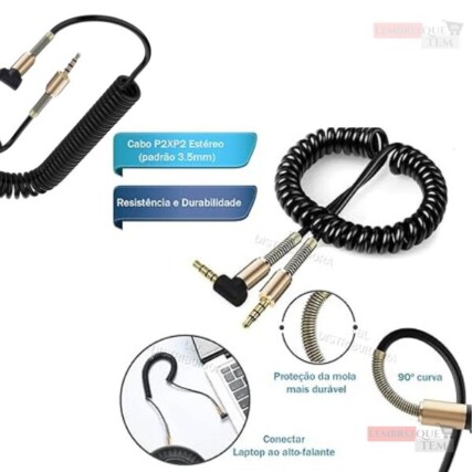 Cabo Auxiliar P2xP2 Espiral 1,2 Mt Som Automotivo Celular – Linha Premium