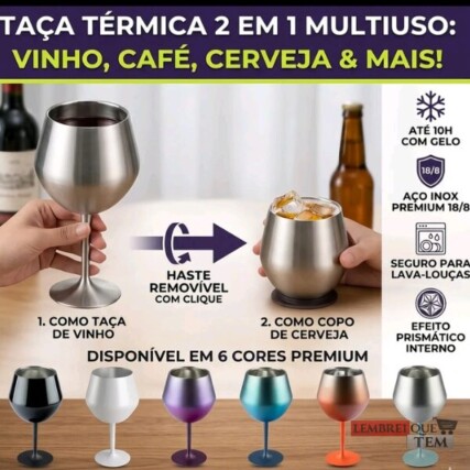 Copo Taça Térmica 2 em 1 Inox 410ml Haste Removível Isolamento a Vácuo para Vinho Cerveja Café