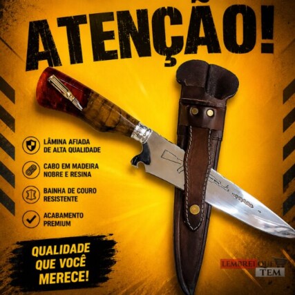 Faca Artesanal 10 Polegadas em Aço Mola de Caminhão Cabo Resinado com Bainha de Couro